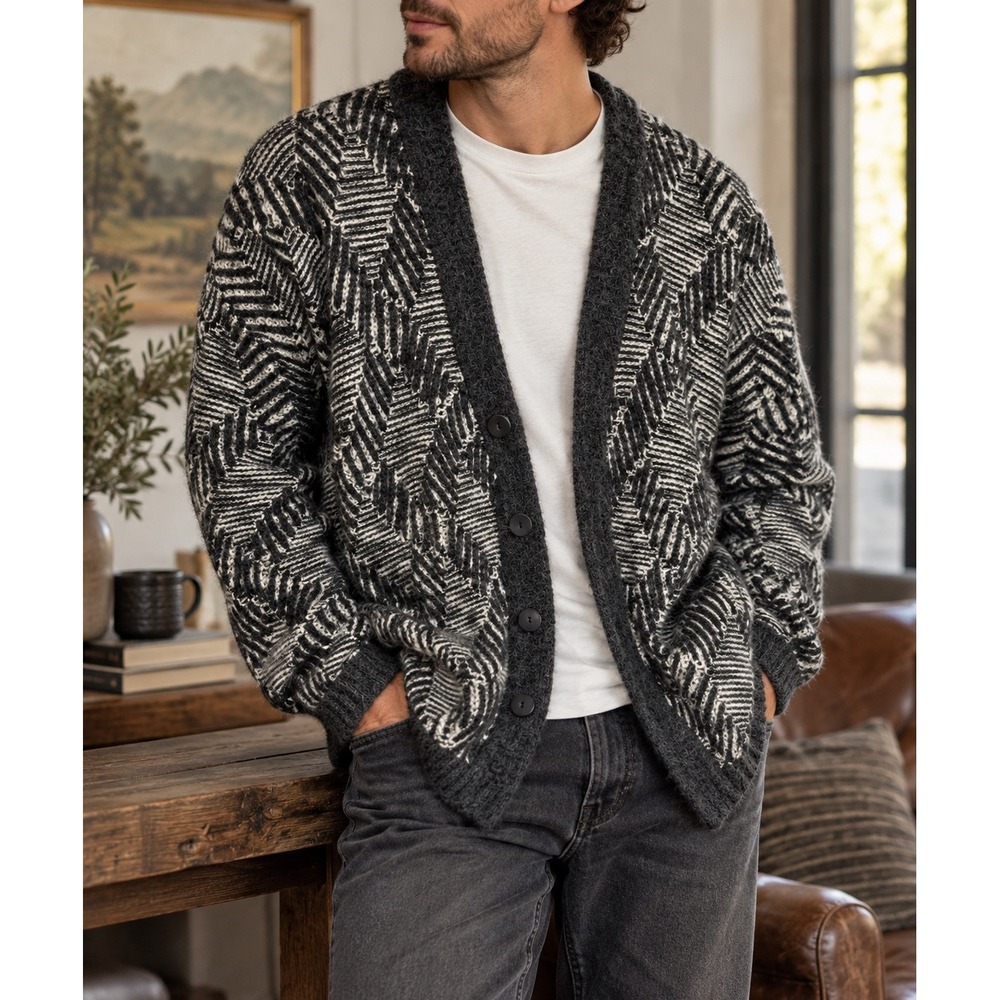 Point Zero Men's XL Chunky Geometric Cardigan Black Cream Grandpa Sweater 90s